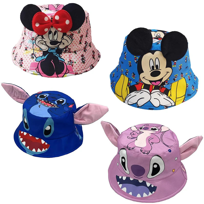 Disney Kawaii Big Ears Stitch Lilo Children\'s Fisherman Hat Cute Mickey Mouse Minnie Cartoon Printing Sun Hat Size 56CM For Kid