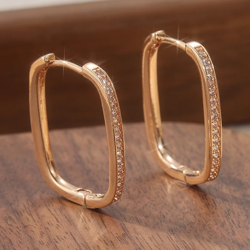Women's Fashion Rose Golden Plated Synthetic Zirconia Rectangle Geometric Hoop Earrings Retro Party Wedding Jewelry Accessories