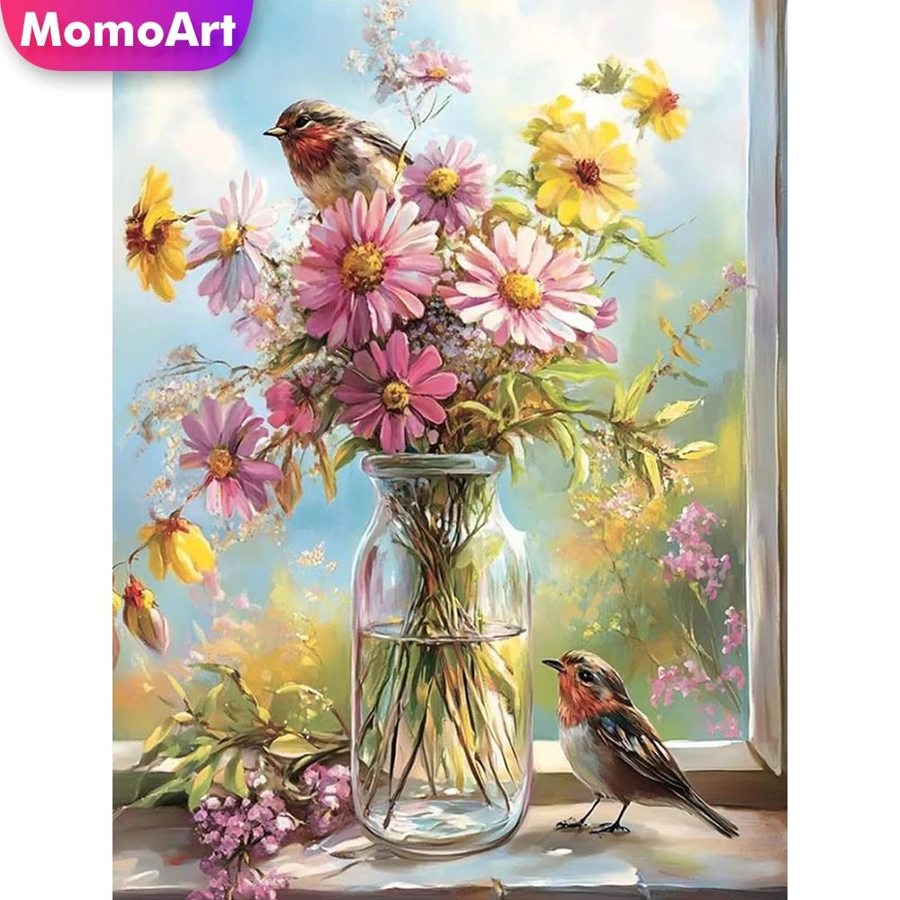 Momoart Blumen-Diamantmalerei Gänseblümchen-Muster für Erwachsene Anfänger DIY Diamant-Mosaik Vasen-Bild Strass-Vogel Wanddekoration