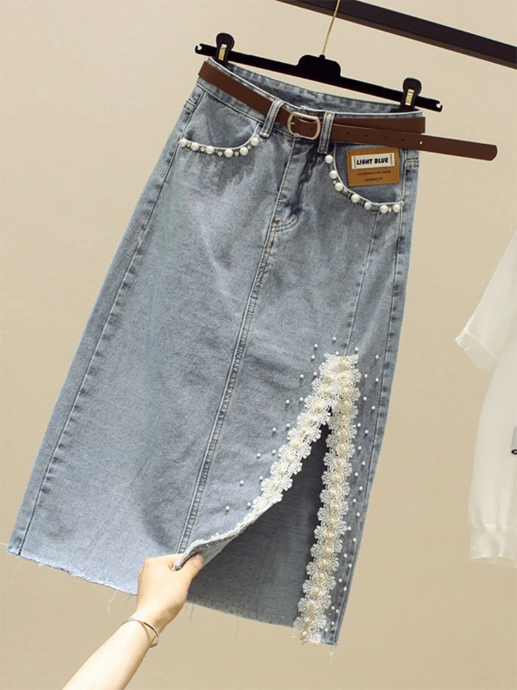 Split Stitch Bead Lace Denim Skirt Women Versatile High Wisted Mid Length Bag Arm Skirt Spring Summer Office Women's Wear