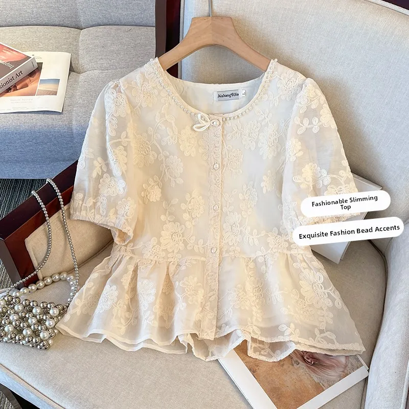 

Новый китайский повседневный топ с вышивкой жемчугом ort Sve, женский свободный топ для похудения, закрывающий живот, антивозрастной топ