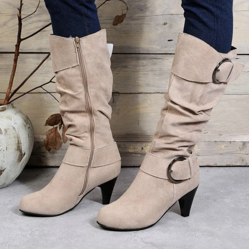 

Boots Women's Buckled Chunky Heel Velvet Calf Shoes Female Side Zipper Winter Round Toe Suede Solid Thin Heels Knight Boots