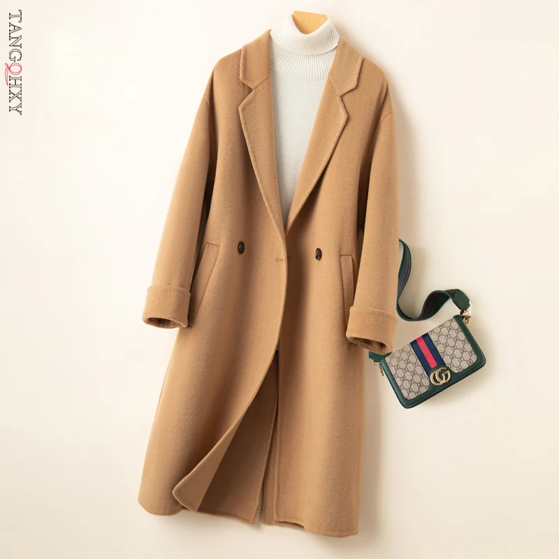 

Womens Elegant Notched Collar Button 100% Wool Blend Solid Long Pea Coat Overcoat Woolen Long Wool Trench Coat