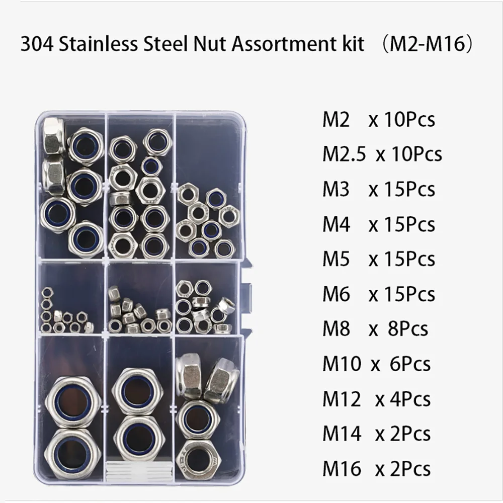M2-M16 201 316 304 스테인리스 스틸 육각 나일론 삽입 잠금 육각 너트 모음 키트, 자동 잠금 육각 너트