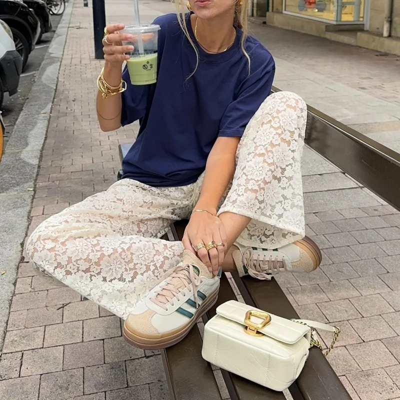 

Винтажные женские широкие брюки, повседневные свободные прозрачные кружевные брюки с высокой талией для работы, офиса, Y2K, эстетичная уличная одежда 2025