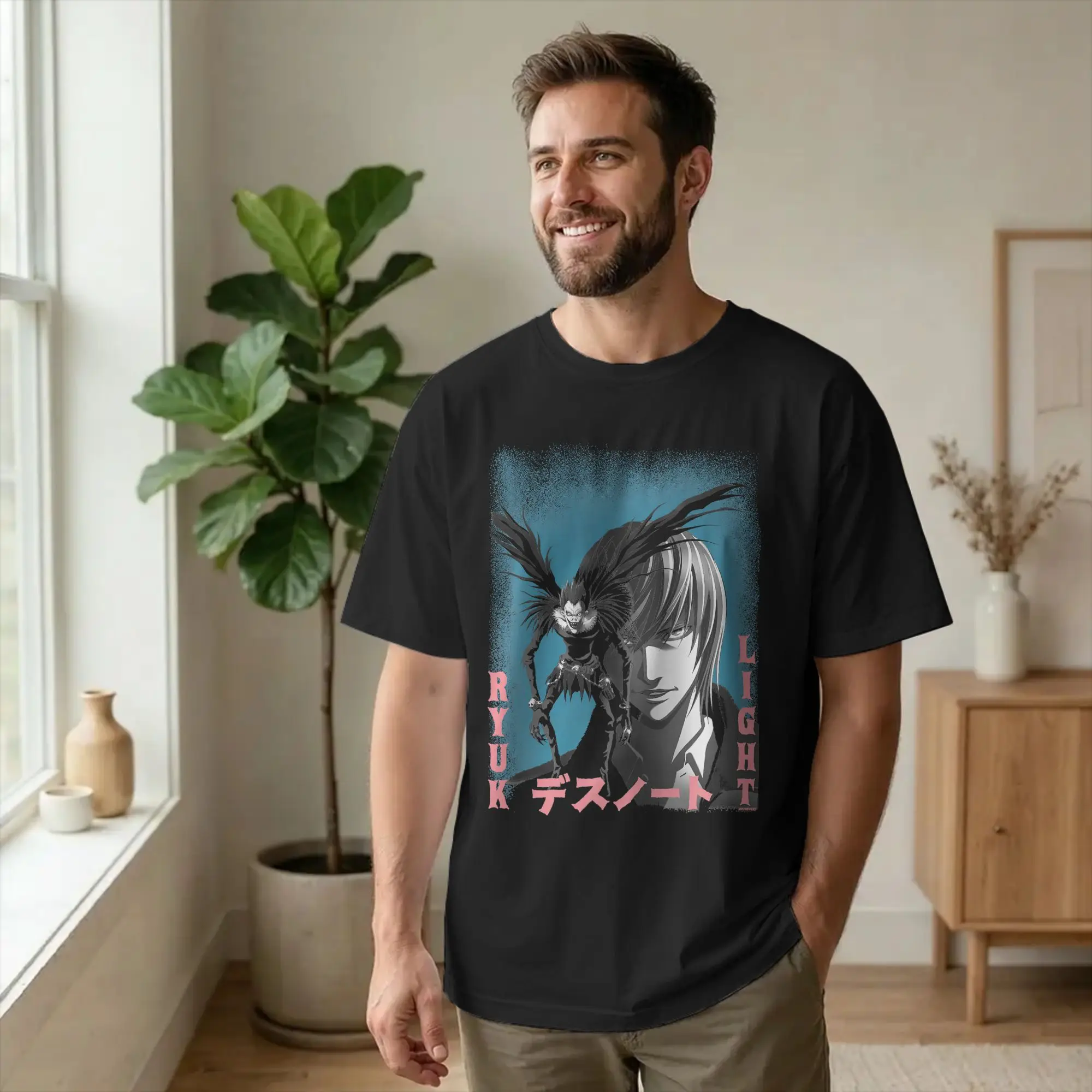 Streetwear Death Note Pink and Blue Horror Poster Anime T Shirt Men Cotton Short Sleeve  Round Neck Summer Tops