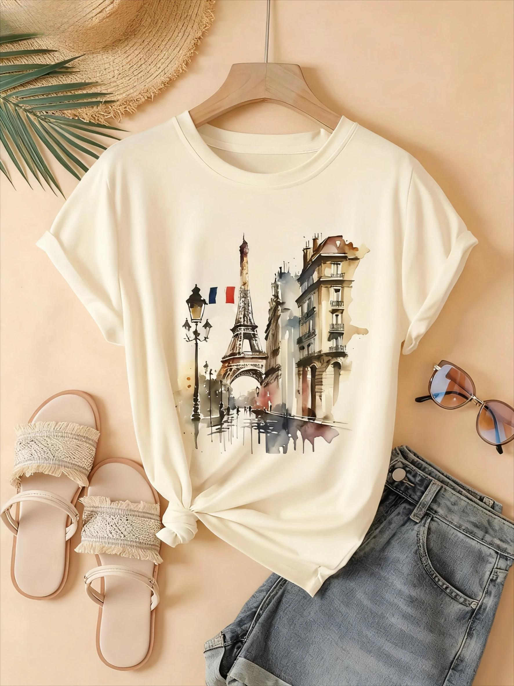 

2025 Autumn and Winter New Beautiful Street Scenery Printed Short-sleeved T-shirt Skin-friendly High-quality Versatile T-shirt