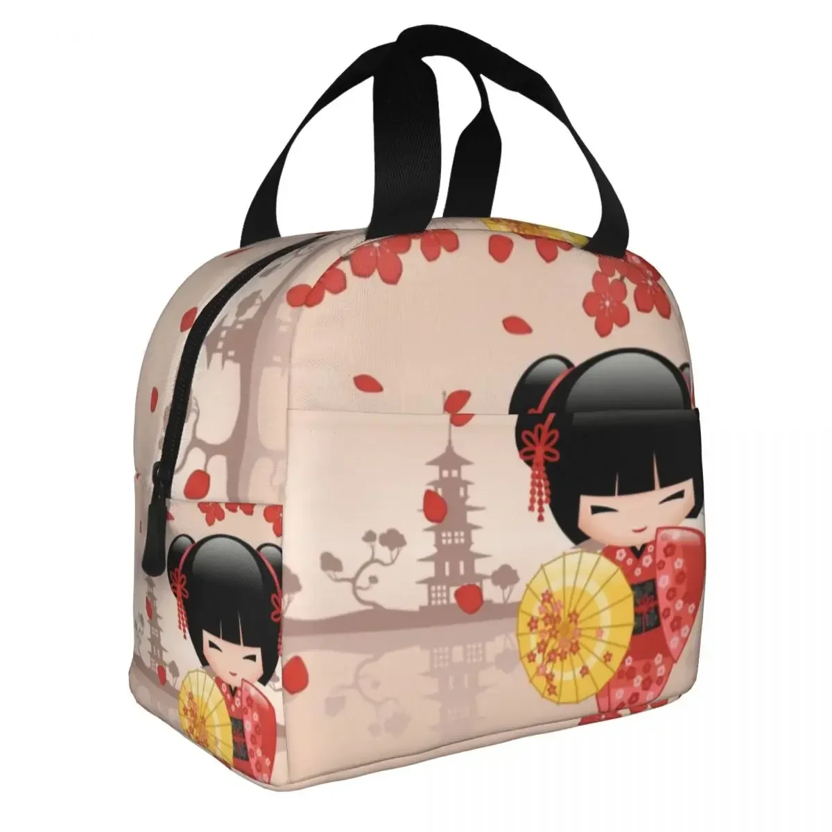 Red Japanese Cherry Blossom Women's perfume Kokeshi Doll Thermal Bag Women's Lunch Recyclable Cute Women Cherry