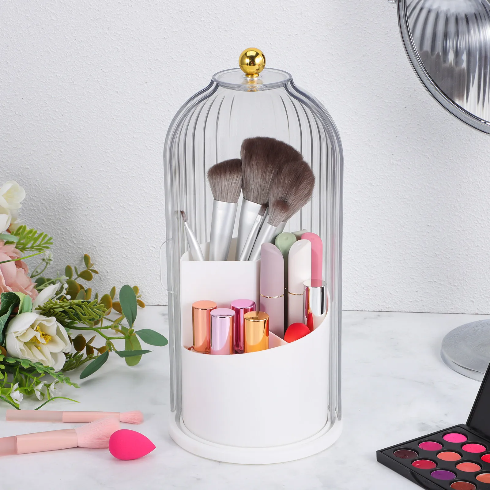 Rotating Makeup Brush Organizer Transparent Cover Large Capacity Brush Holder Pen Lipstick Storage