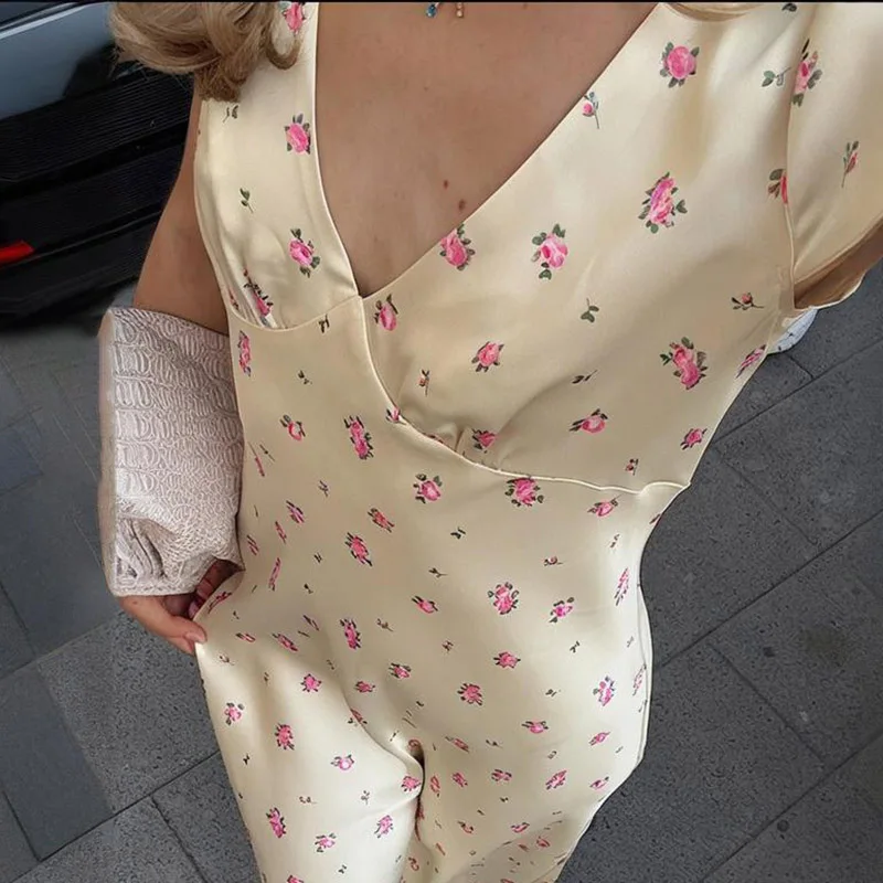 Tornova Satin Printed Long Dress Women's New Short Sleeve V neck Dress Casual Elegant Commuting Outfits High Waist Flower Dress