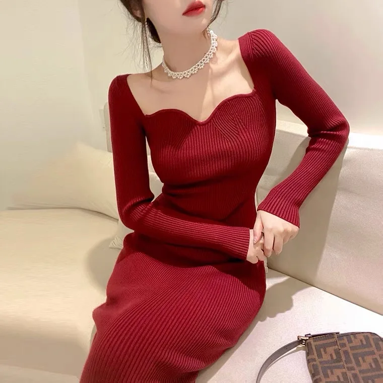 

2024 Autumn Winter Vintage Long Sleeve Solid Evening Dresses Women Elegant Casual Sweetheart Neck Knitting Luxury Dress Y6