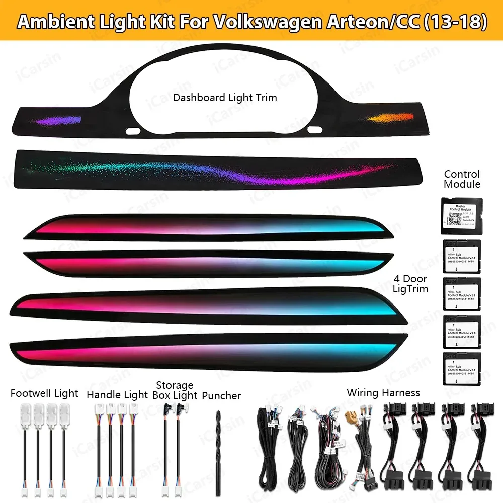

Обновление полного комплекта символьного салона автомобиля, светодиодное освещение для Volkswagen CC 2013-2018, аксессуары для полос, украшение