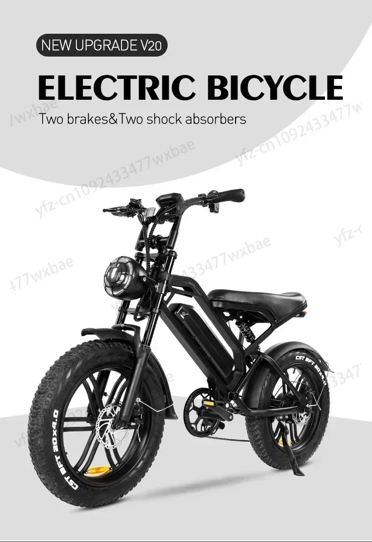 V20 Electric Bicycle 20-inch Fat Tire E Bike 1000W Motor 48V 20Ah Battery Adult Off-road Motorcycle Snow Beach Electric Bike