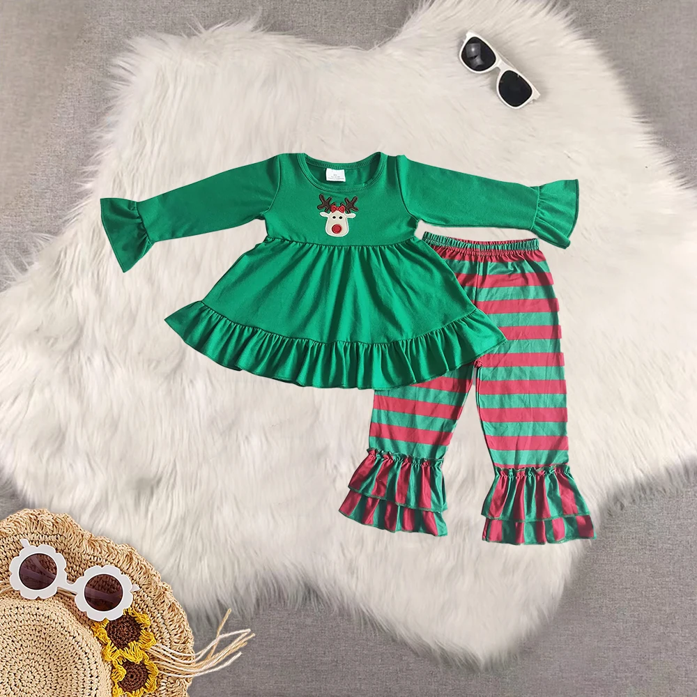

8,26 зимние рождественские комплекты брюк с рюшами для маленьких девочек, зеленые, красные, с вышивкой оленя для маленьких девочек