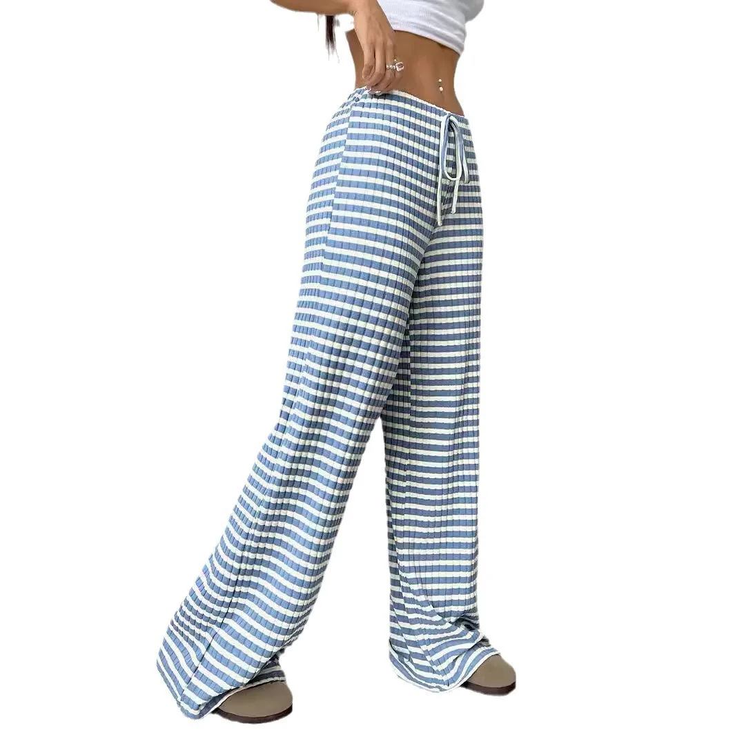 Casual Simple Stripe Pants Women Fashion All-match Leace-up Elastic Waist Straight Trousers Spring Autumn New Female Clothing