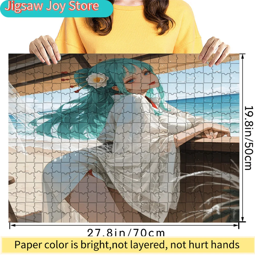 

Аниме-девушка с голубыми волосами, в белом кимоно, на пляже, художественная бумажная головоломка, элегантный декор с персонажами, коллекционный подарок для фанатов