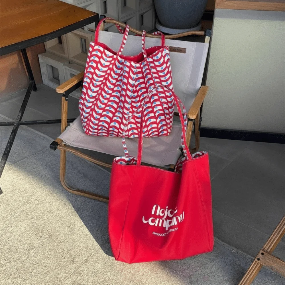 Polyester Double Sided Reversible Tote Bag Large Capacity Lightweight Plaid Shoulder Bag All-match Dual-Side Print Nylon Handbag