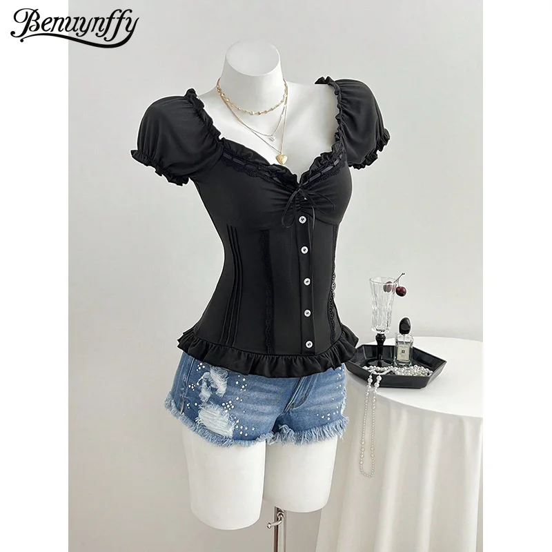 

Benuynffy Sweetheart Neck Tie Front Puff Sleeve Top Blouse Women Summer Sweet Lace Trim Button Detail Ruffle Hem Short Blouses