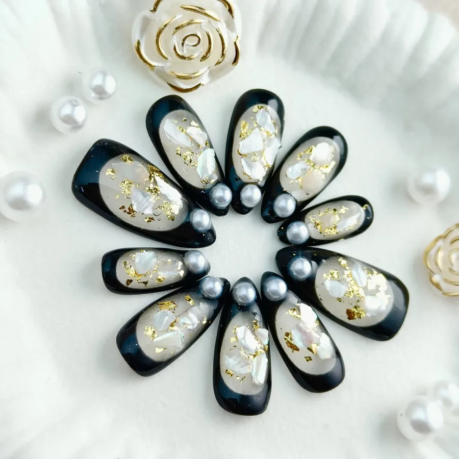 10pcs press fake nails, black elegant artificial nail suit, decorated with pearl paste fake nails, luxurious stick - on nails