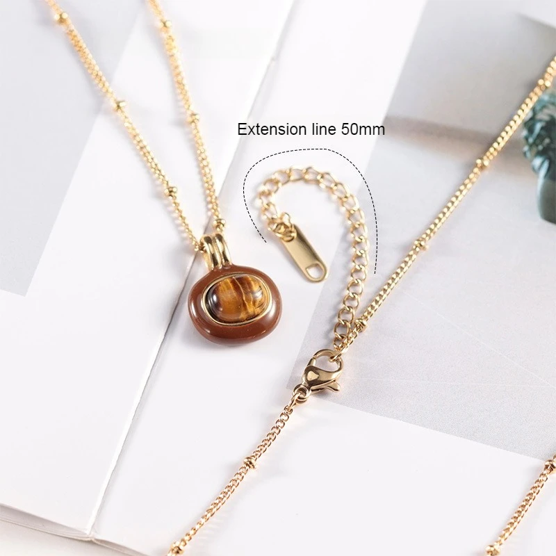 Emaille Glasierte Tigerauge Stein Geometrische Anhänger Titan Stahl Frauen Licht Luxus High-end-Mode Halsketten Edlen Schmuck – Detail 3