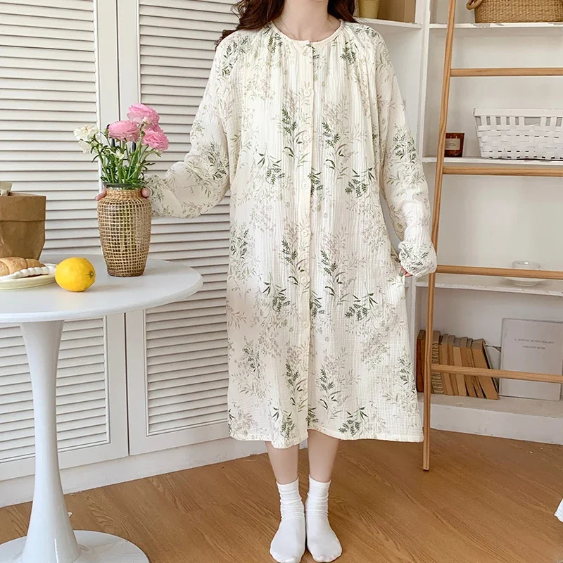 100% Cotton Double Gauze Nursing Night Dress for Maternity Long Sleeve Floral Print Robe Sleepwear Pregnancy Home Hospital Wear