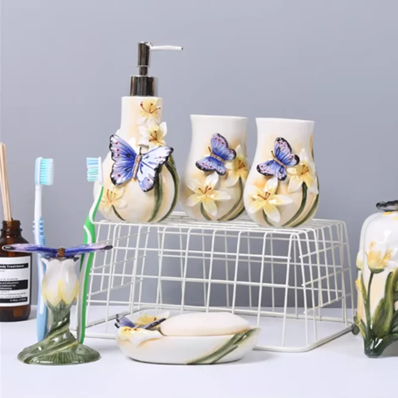 

Five-piece Bathroom Accessories Set Toothbrush Holder Ceramics Toothpaste Dispenser Soap Dispenser Bathroom Cup Wedding Gifts