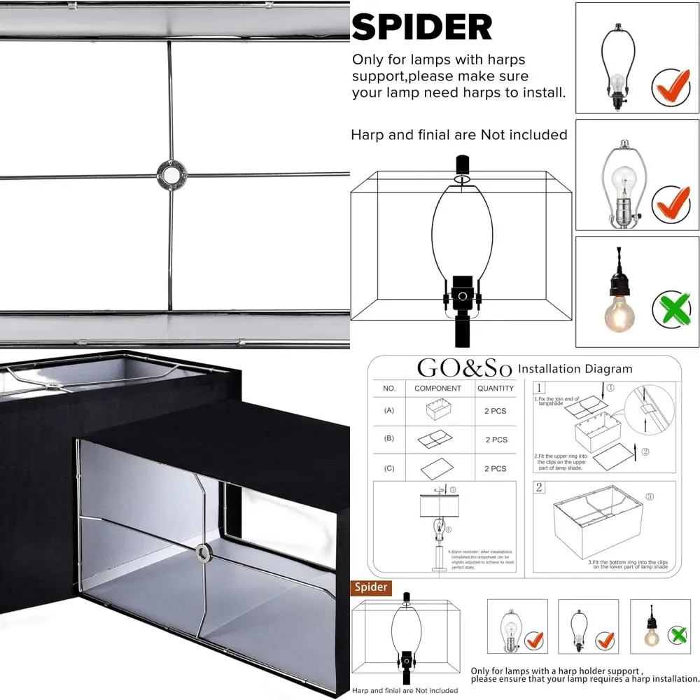 

Пара из 16 черных прямоугольных абажуров, 8x16x10, Spider Fitter, цоколь E26, для напольных и настольных ламп у гостиной, тумбочки