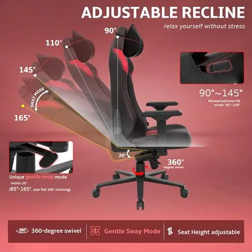 

Adjustable Recline Gaming Chair With 4D Armrests, High Back, Headrest, Lumbar Support, 360° Swivel, Black PU Red Suede