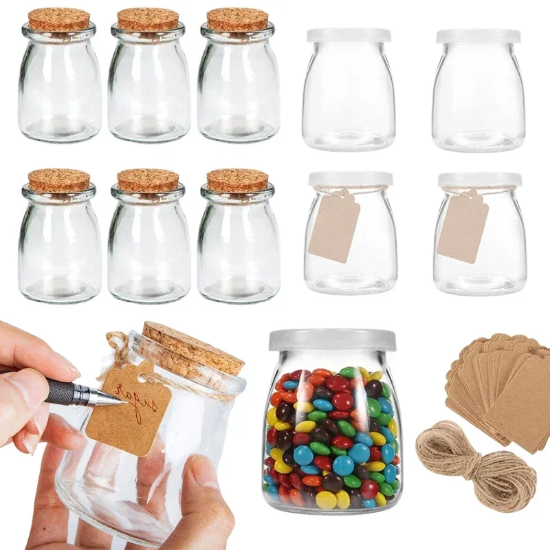 

5Pcs Reusable 100/200ML Glass Storage Jars w/ Cork Lids Empty Glass Containers w/ Tags and Ropes For DIY Candle Pudding Jam