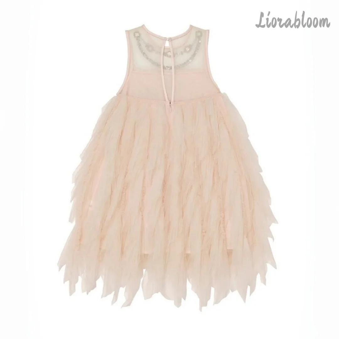 Abito da damigella in tulle stile principessa per bambina, personalizzabile, multicolore, lungo, con spalle scoperte, per matrimonio