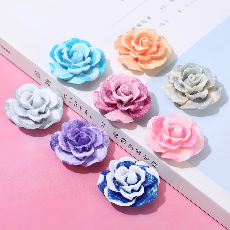 

New Resin Flower Cabochons Flatback 20pcs Beautiful Powdered Glitter Roses for Scrapbooking Crafts DIY Ornaments Embellishments