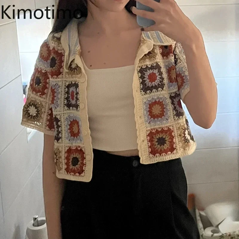 Kimotimo Retro Crochet Flower Short Sleeve Knit Cardigan Women 2024 Summer Lapel Hit Color Fashion Crop Top Trendy Slim Sweater