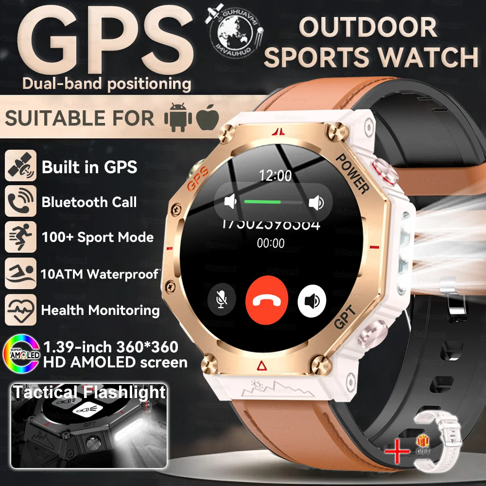 2026 Nieuwe Ingebouwde GPS Outdoor Smartwatch Heren Zaklamp Kompas BT-oproep Hartslagmeter 10ATM Waterdicht Sport Smartwatch 2026