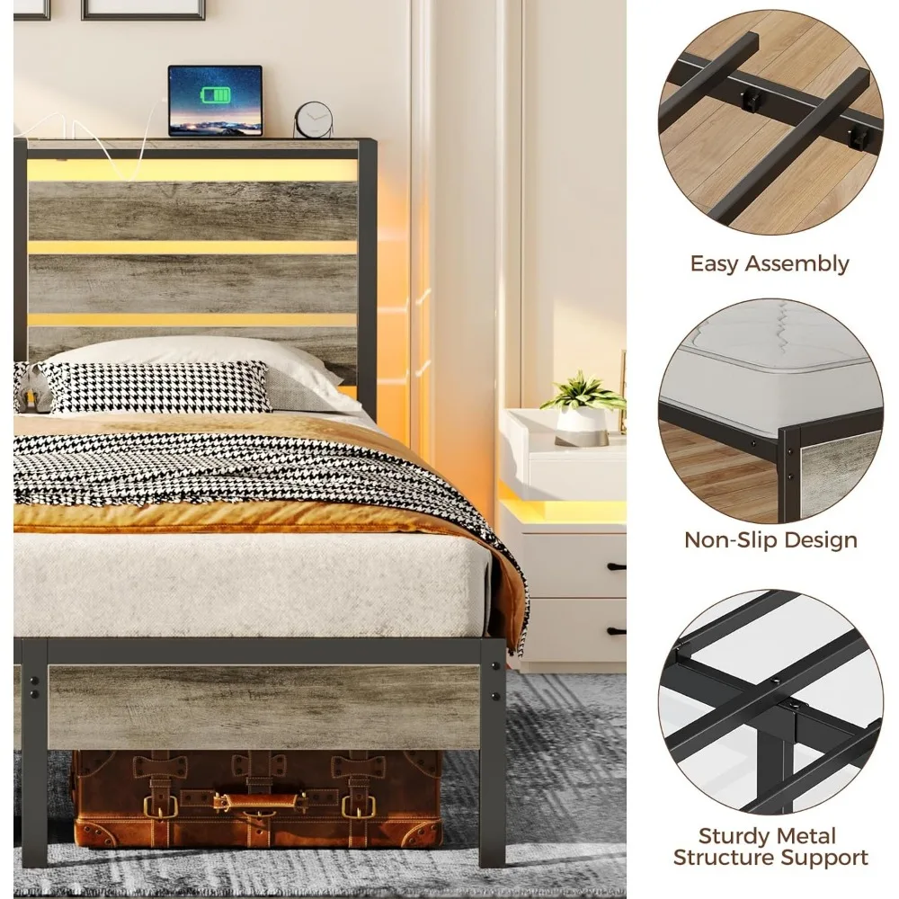 Rolanstar Bed Frame Twin Size with USB Charging Station, LED Bed Frame with Wood Storage Headboard, Metal Platform Bed