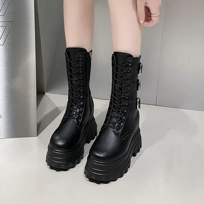 12CM Brand Ladies Goth Platform Ankle Boots Fashion Buckle Rivet Punk Wedges High Heels Womens Boots Party Street Woman Shoes