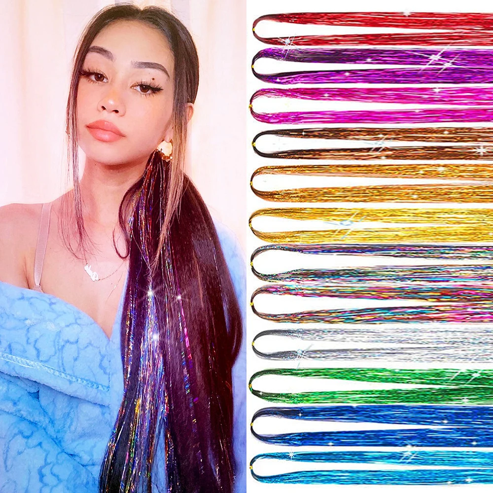 110cm Colorful Shiny Threads Glitter Hair Tinsel Kit Gold Purple Blue Silk Hair Glitter String Extensions Accessories for Women