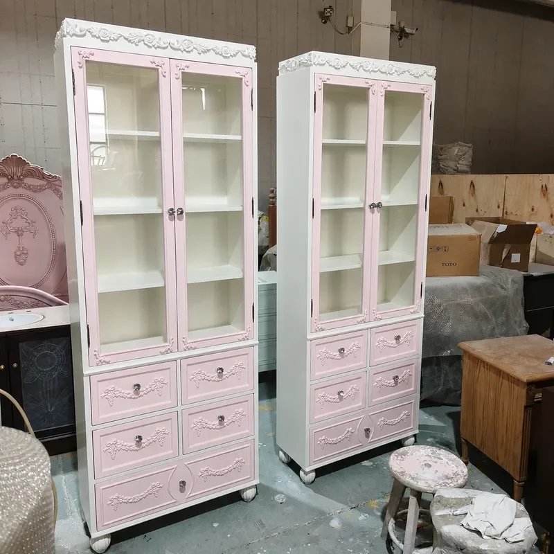 Solid Wood Carved Flower Double Door Pink Storage Cabinet Living Room Bedroom American Style Glass Door Wine Rack Bookshelf