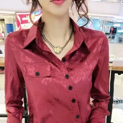 Spring and Autumn Women's Polo Long Sleeve Solid Slim Shirt Diagonal Buckle Fashion Casual Formal Office Lady Tops