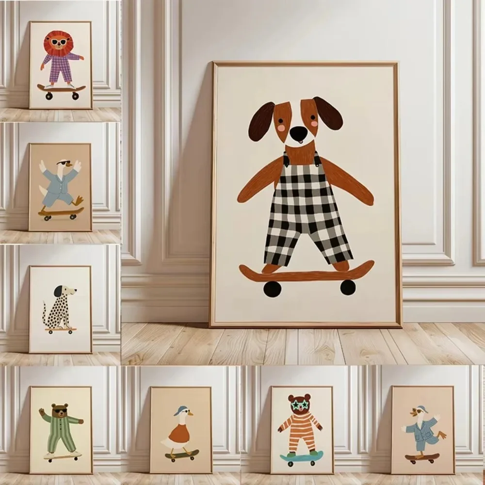 Funny Cartoon Animal Skateboarding Poster Trendy Goose Duck Dog Skate Canvas Painting Wall Art for Room Home Decor