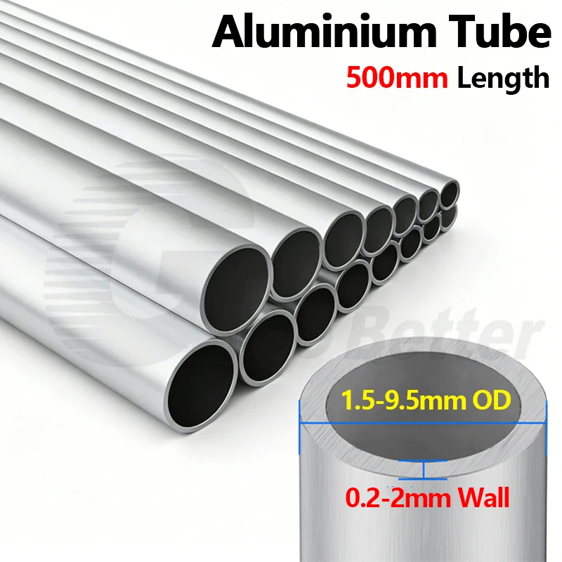 Aluminium Tube 1.5-9.5mm Outer Dia 0.2-2.75mm Wall Thick Straight 500mm Length Round 6063 6061 Aluminum Alloy Metal Pipe Tubing