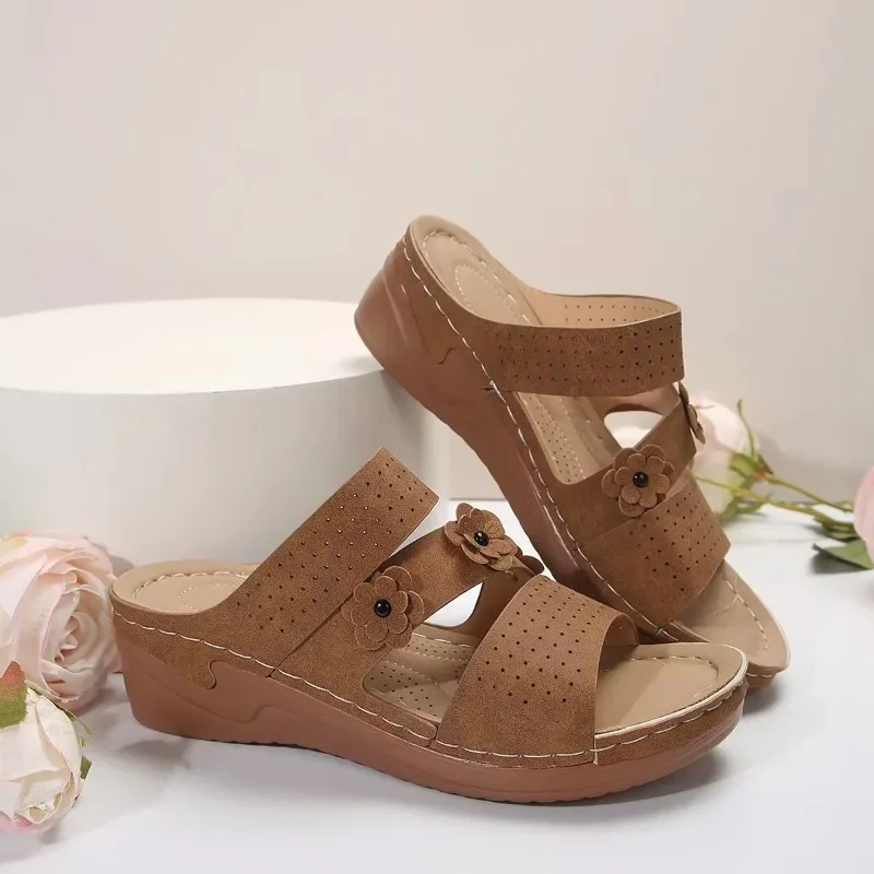 Zapatos de punta abierta para mujer, zapatillas de verano con flores romanas, informales de playa, talla grande, gran oferta