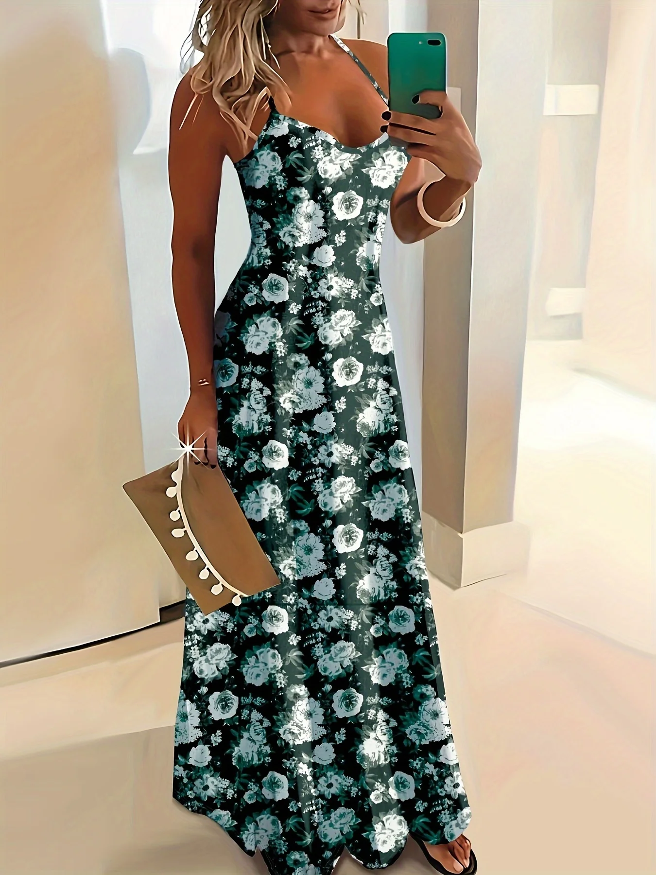 Printed Design Dark Green & White Floral Spaghetti Strap Maxi Dress – Elegant Summer Beachwear for Women