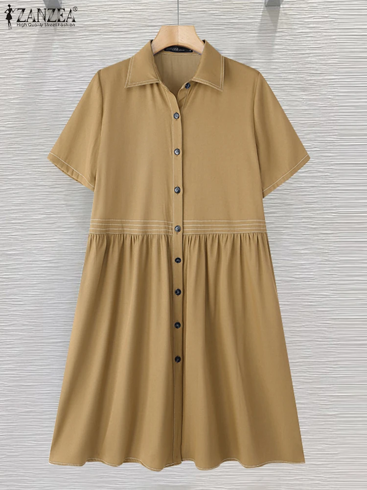 

ZANZEA Summer Denim Dress Women Casual Knee-Length Vestidos Lapel Neck Shirt Sundress 2025 Loose A-Line Solid Short Sleeve Robe