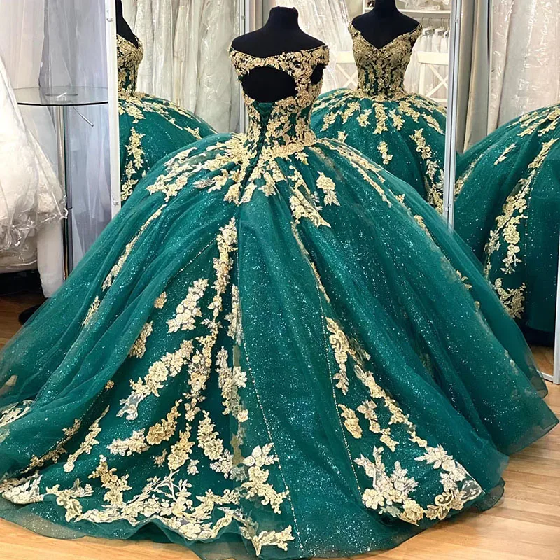 Hunter Grün Prinzessin Quinceanera Kleider Off Schulter Ballkleid Süße 16 Kleid Gold Spitze vestidos de 15 anos