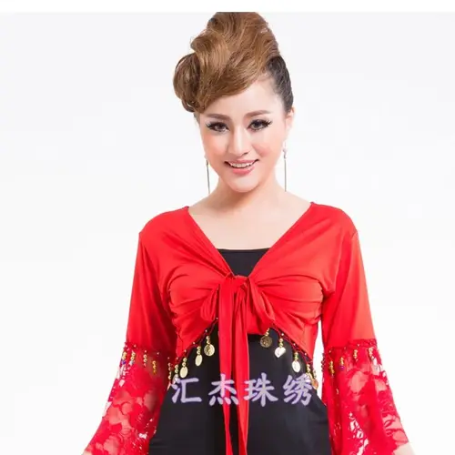 Imagen 2 del producto 1 unids/lote, envío gratis, ropa de danza india a la moda, ropa de baile con manga de trompeta, top de danza del vientre de encaje de manga larga de talla grande