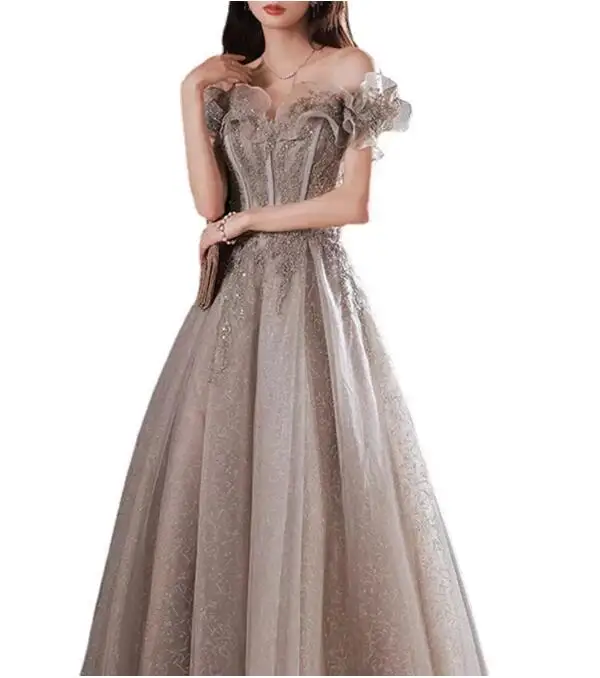 Precioso vestido de noche sin tirantes con hombros descubiertos, vestido de fiesta de boda con lentejuelas y cuentas, brillante, ajustado, línea A, espalda descubierta