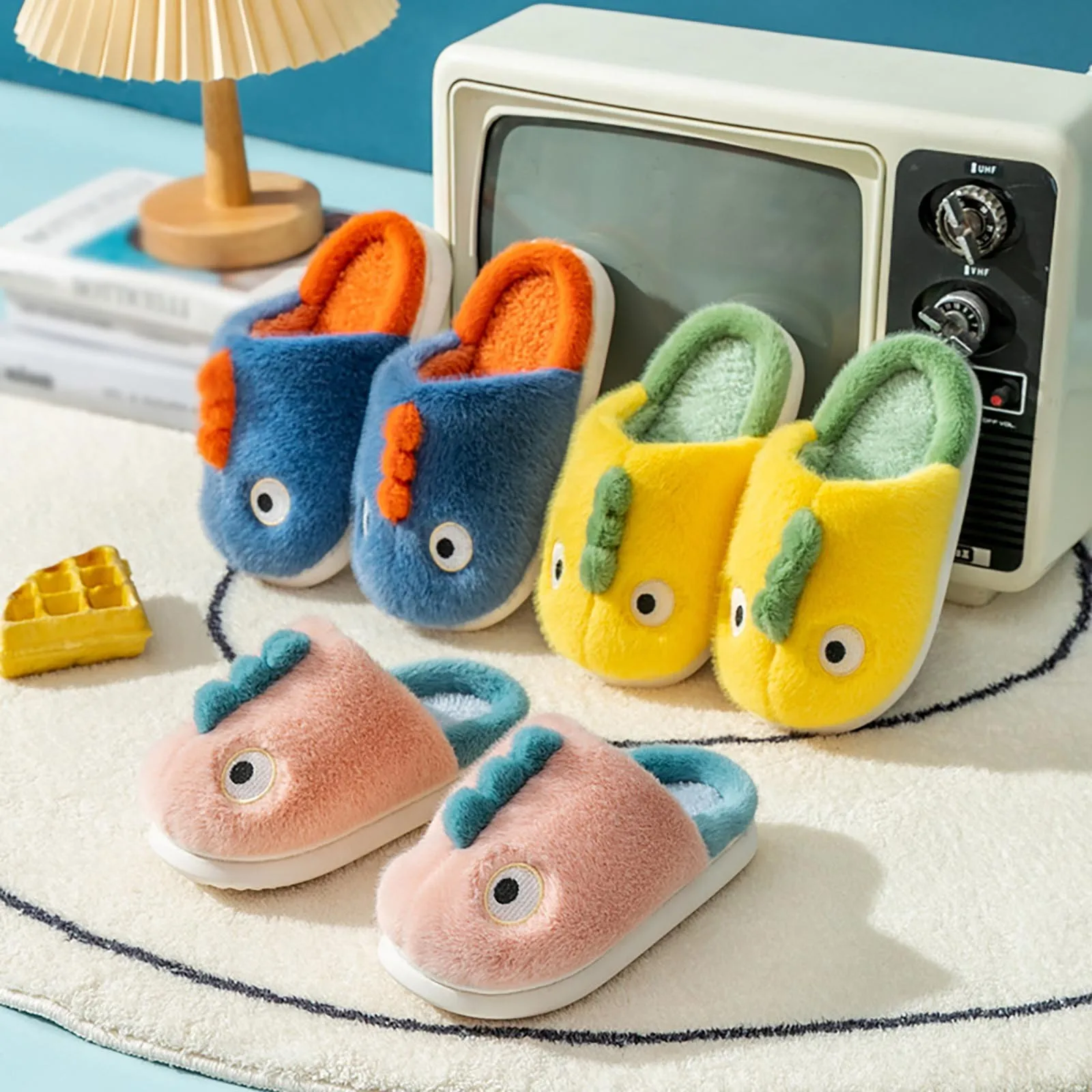 2024 Winter New Home Slipper for Children's Fleece Warm Comfortable Home Shoes Cute Cartoon Dinosaur Boys and Girls Slipper