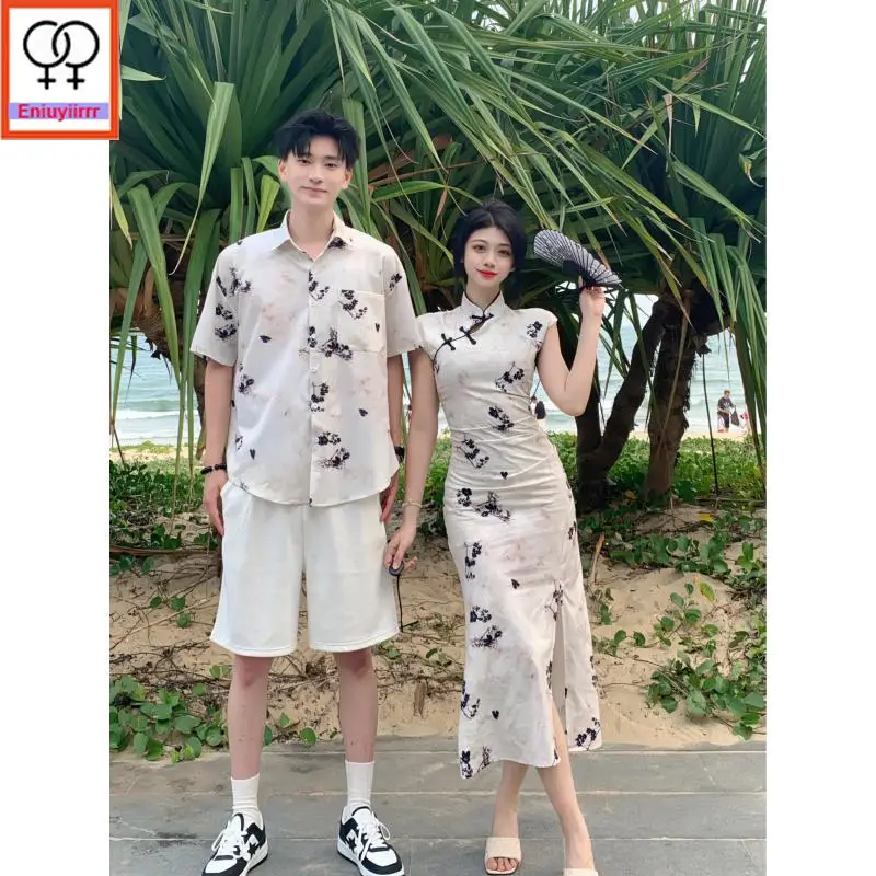 QiPao Cheongsam Dresses New 2025 Summer Sleeveless Cute Honeymoon Date Women Flower Pencil Split Slit Couple Clothes Shirt Dress