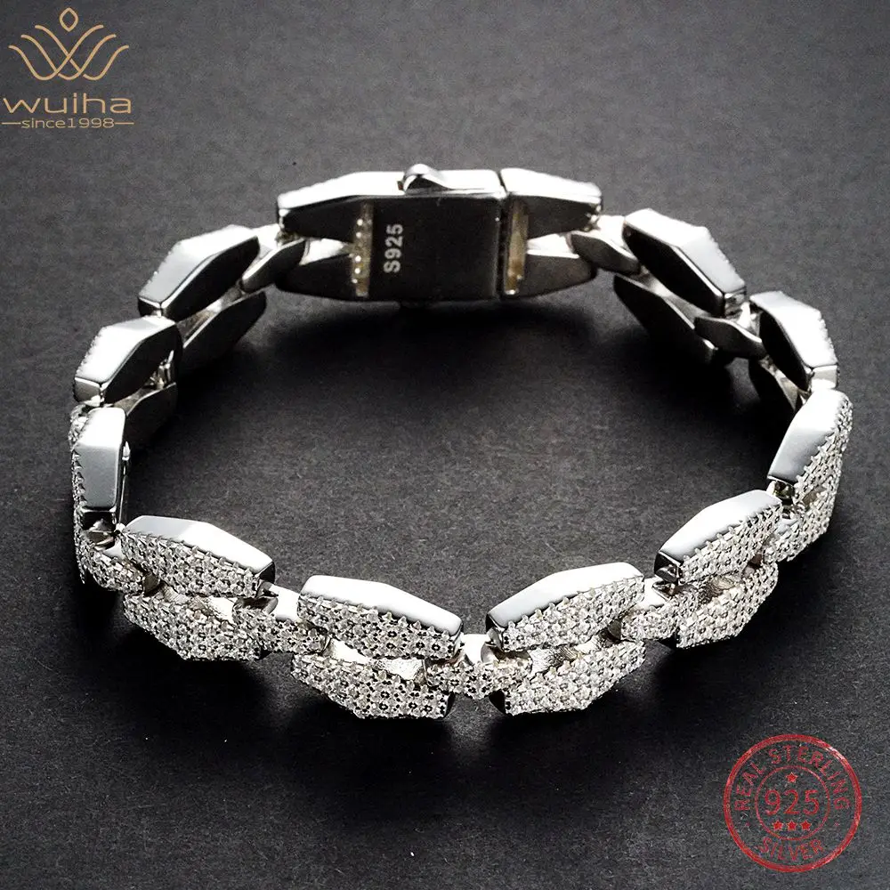 

WUIHA Solid 925 Sterling Silver Sparkling Full Synthetic Diamond Gem Hiphop Rock Miami Cuban Bracelet Fine Jewelry Drop Shipping