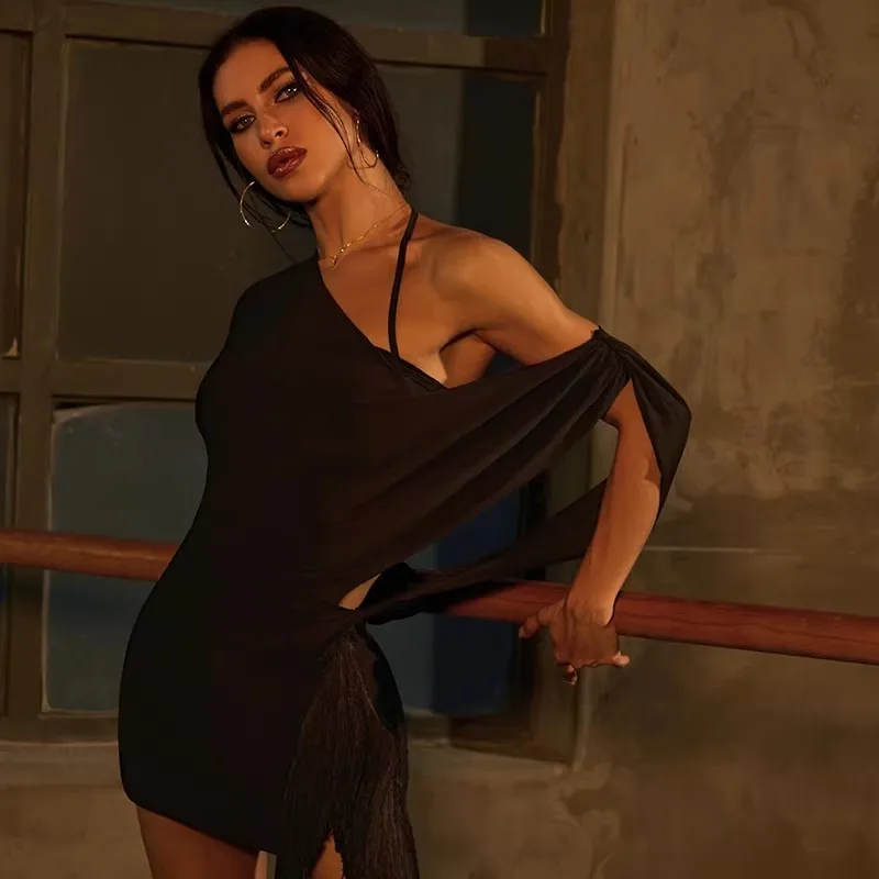 

Профессиональное платье для латиноамериканских танцев ZYM с асимметричным плечом, сексуальное женское платье с бахромой для взрослых, для самбы, ча-ча-ча, румбы